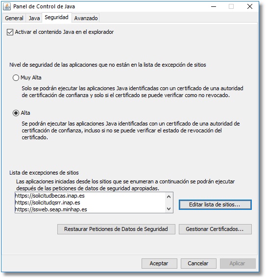 Panel de Control de Java. Excepciones de seguridad